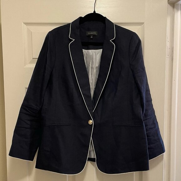 TALBOTS Navy Blue Piped 100% Linen Long Sleeve Jacket Sz 14 - Picture 4 of 11
